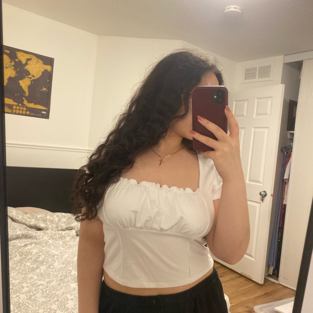 White Ruffled Crop Blouse with Short Sleeves